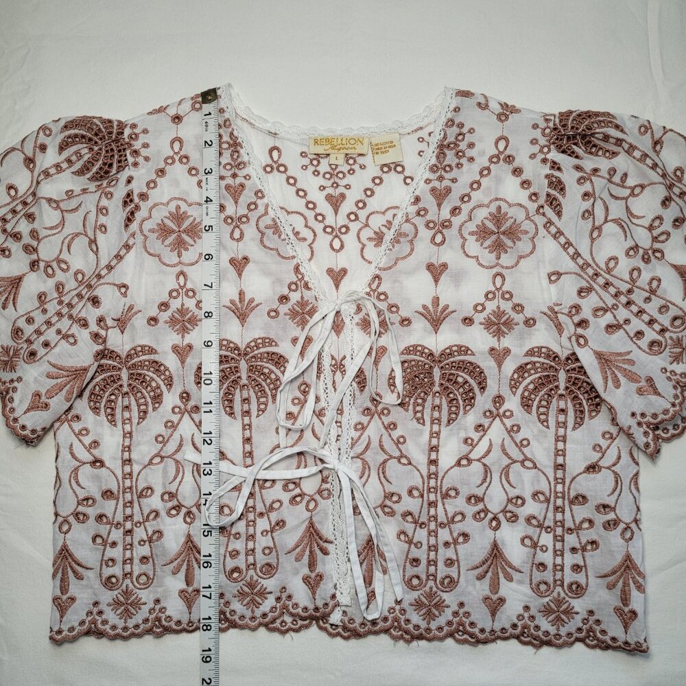 Rebellion Tie Front Eyelet Palm Top Cotton White Brown Large Boho Tropical - Picture 6 of 9